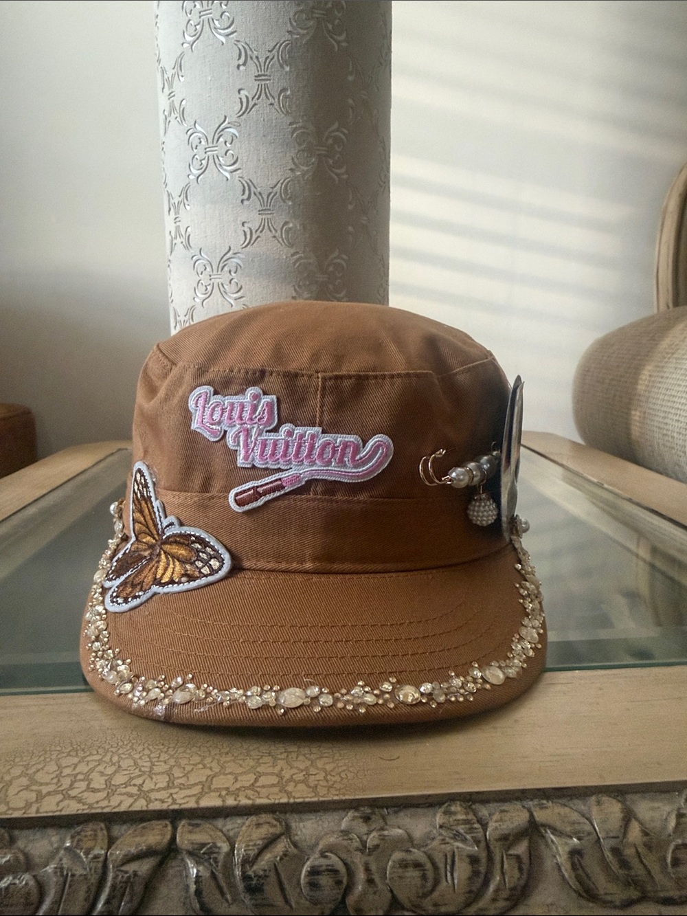 Louis Vuitton Kids Brown Embellished Cap with Butterfly Patch